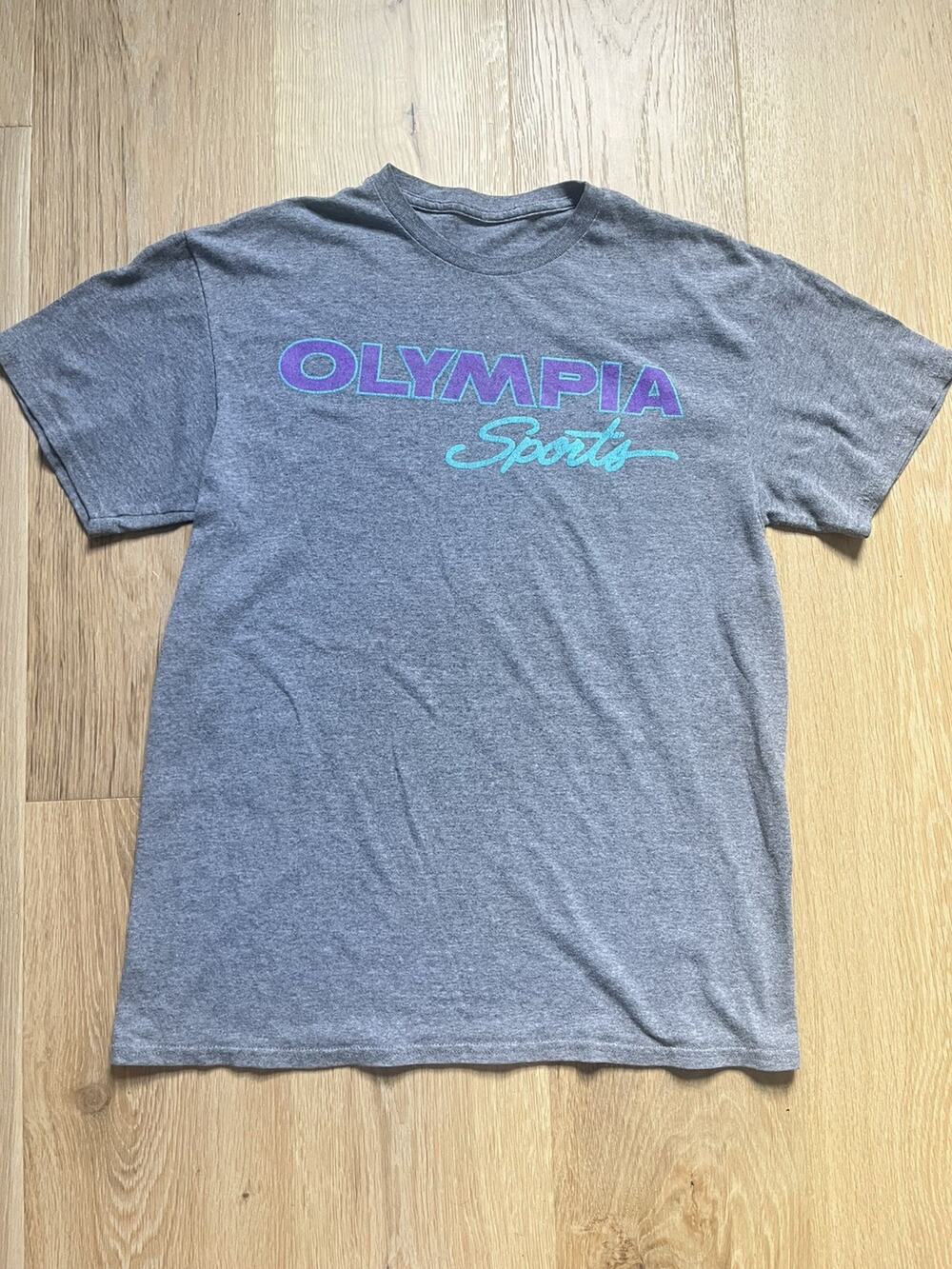 Vintage 90's Olympia Sports Purple Teal Big Logo & Gray Tee Shirt M